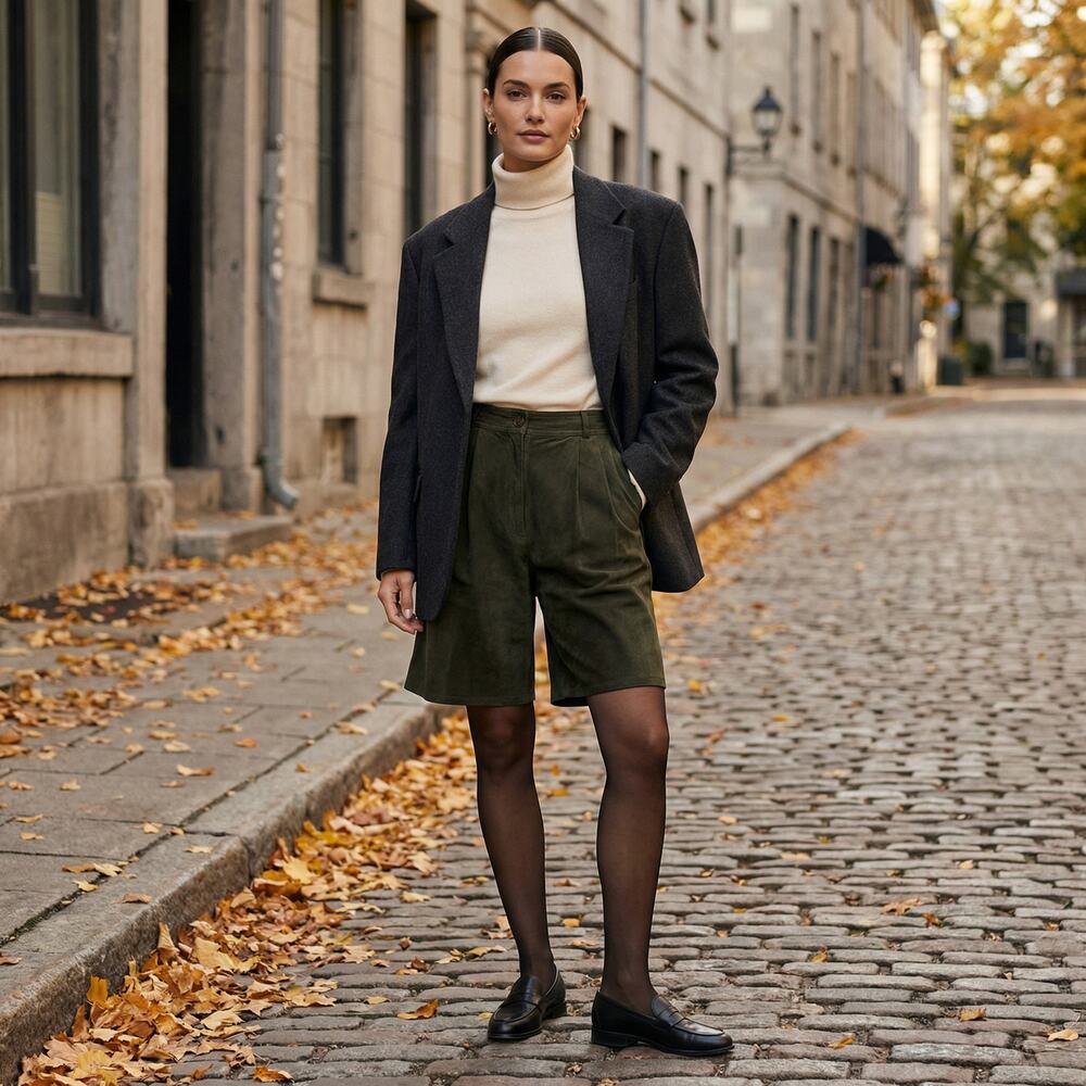 Talbots Forest Green Suede Leather Shorts Size 8 High Rise Pleated USA Made - Picture 3 of 9